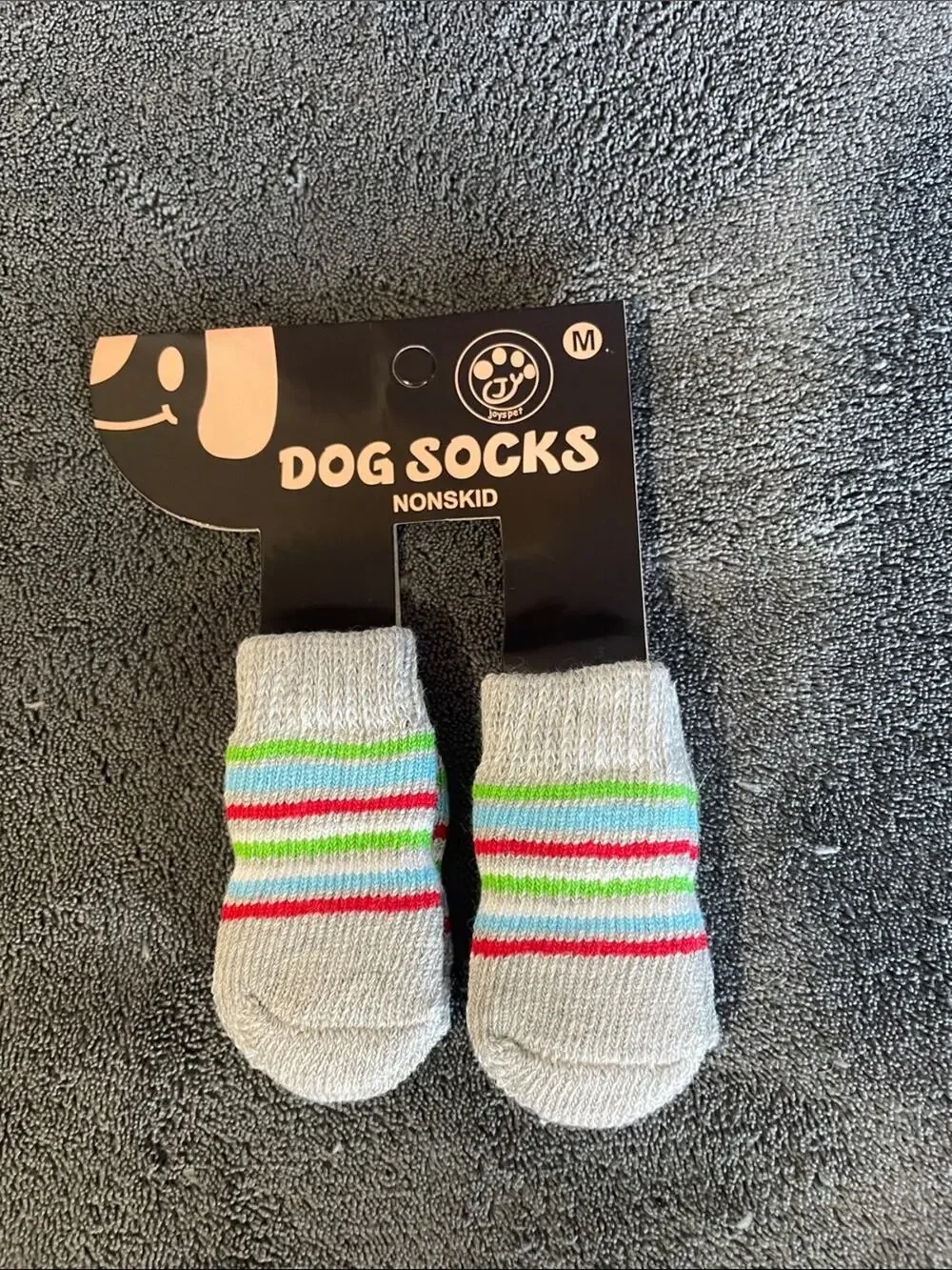 Dog Socks Nonskid Gray with Red, Green & Blue Stripes NWT